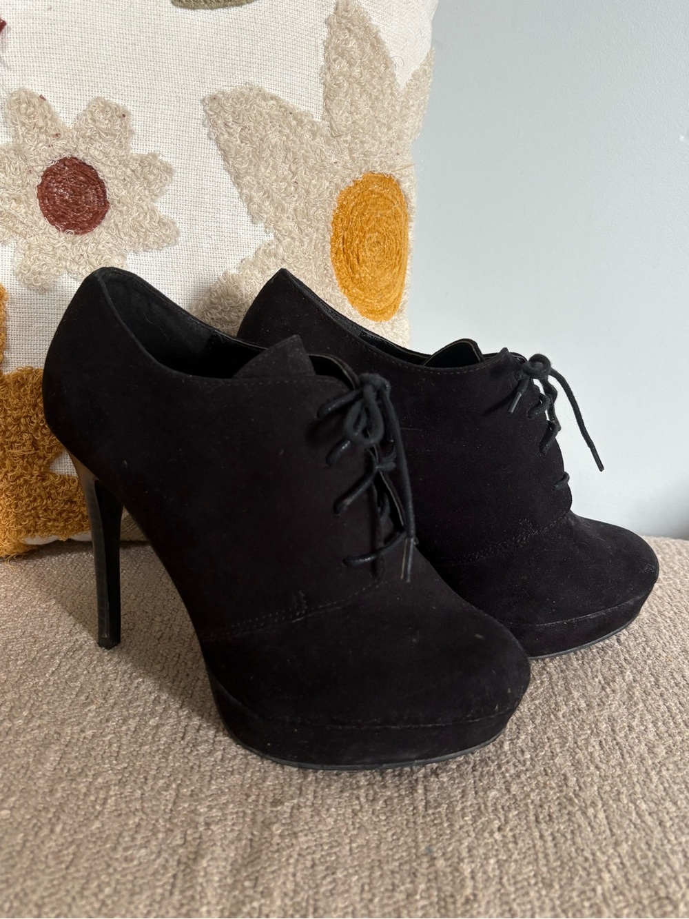 Call It Spring Black Suede Lace-Up Platform Heel Booties